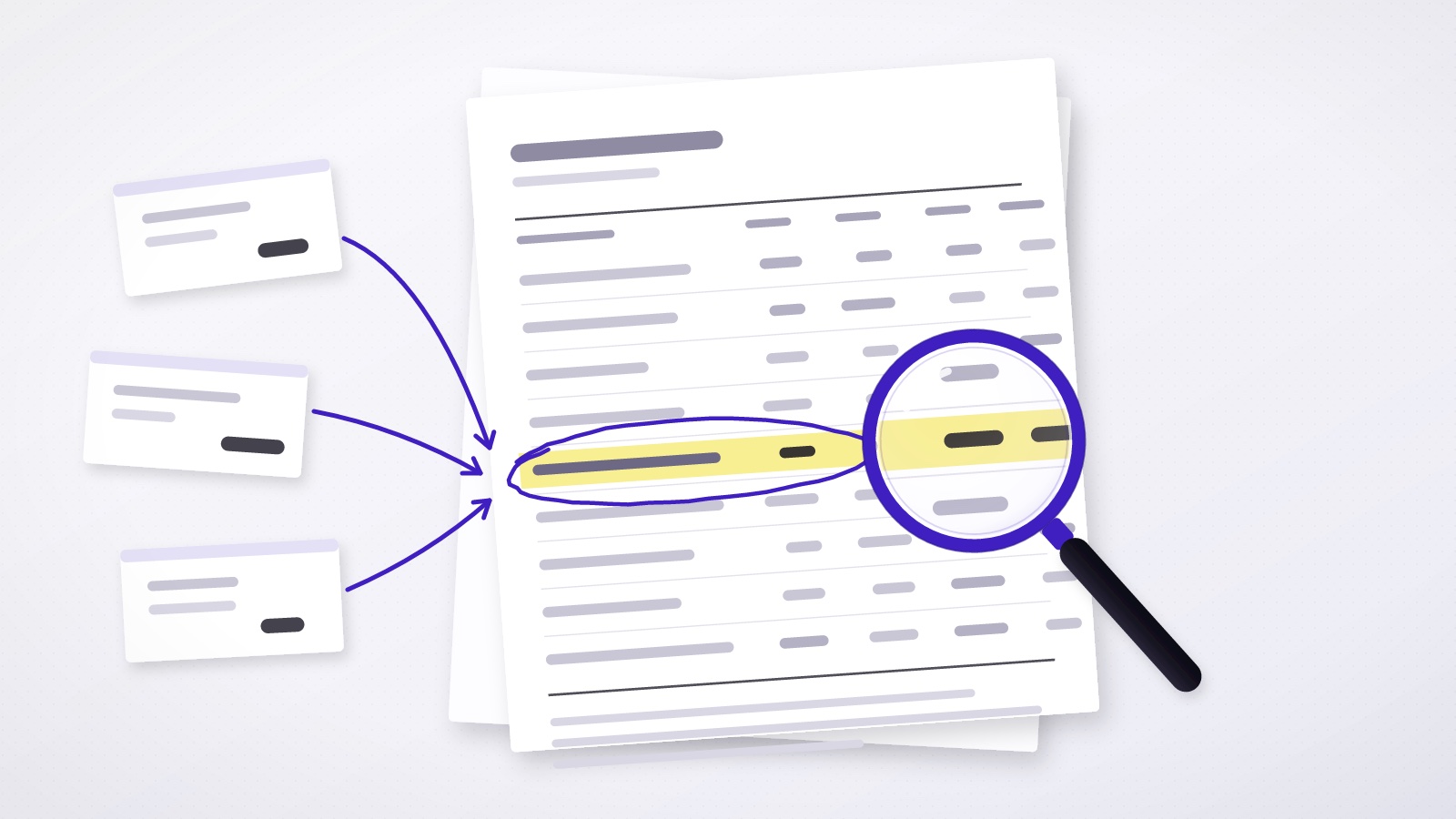 Three small forecast notes with violet arrows pointing to one highlighted, circled row of an earnings table under a magnifying glass
