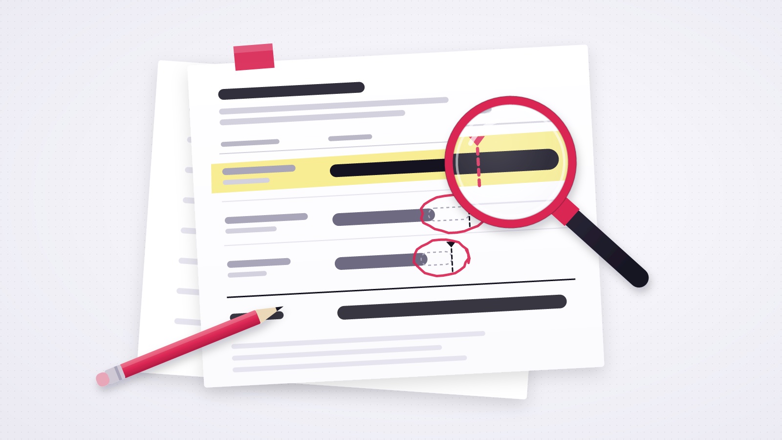 Report page with a table of bars; a magnifier and yellow highlight mark one bar passing its estimate line while two shorter rows are circled in red.