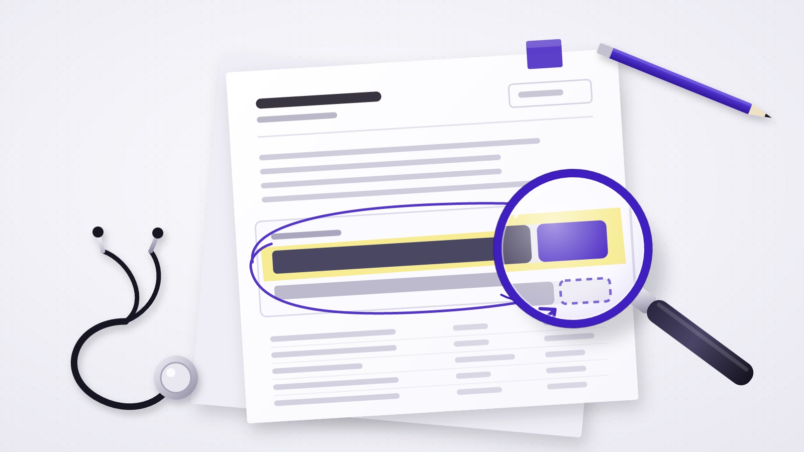 Magnifying glass over a highlighted split bar on a report page, with a stethoscope and a violet pencil lying on a pale desk