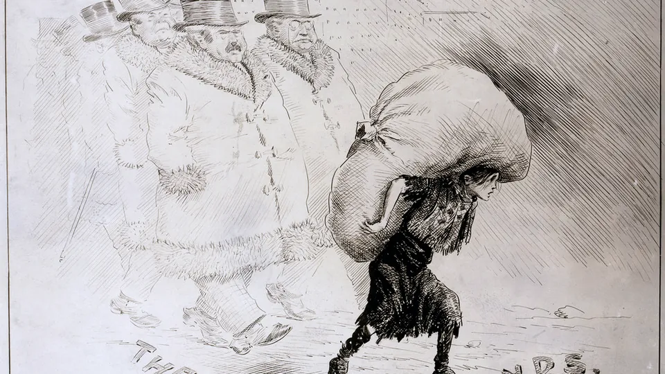 A 1913 cartoon titled The Road to Dividends, showing a figure carrying a heavy sack