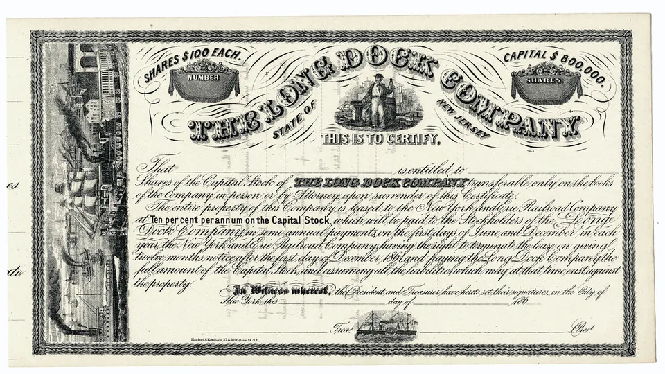An old printed stock certificate showing the company name, share count and signatures